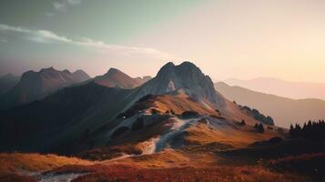 Beautiful mountain landscape with dramatic sky at sunset. ai generative photo