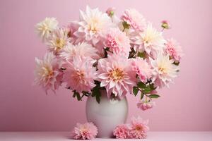 pink bouquet of flowers in a vase on a pastel background. photo