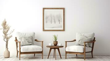 Two armchairs in room with white wall and big frame poster on it. Scandinavian style interior design of modern living room. ai generative photo