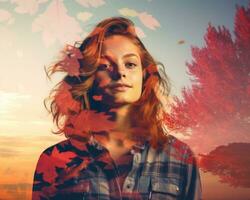a woman is standing in front of a tree with autumn leaves photo