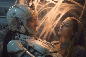 a woman and a robot are looking at each other photo