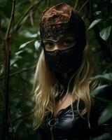 a woman wearing a mask in the woods photo