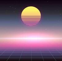 Neon sunset, a digital grid foreground, and a star-studded sky. Visual journey back to 80s. Synthwave inspired graphic. Scifi futuristic vector image. Background for party flyer, techno poster.