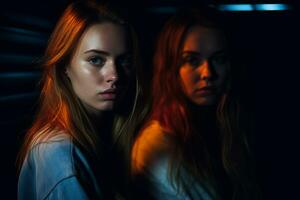 two young women looking at the camera in a dark room photo