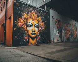 un vistoso mural de un mujeres cara en el lado de un edificio foto