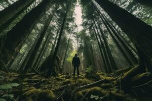 a person standing in the middle of a forest photo