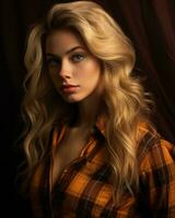 portrait of a beautiful blonde woman in a checkered shirt generative AI photo