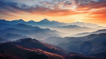 montaña paisaje a puesta de sol con nubes y montañas en el antecedentes generativo ai foto