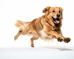 golden retriever running on white background generative AI photo