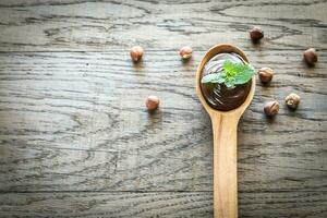 Wooden spoon of chocolate cream with fresh mint photo