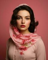 retrato de un hermosa mujer vistiendo un rosado bufanda en un rosado antecedentes generativo ai foto