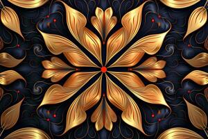 golden floral pattern on a black background generative AI photo