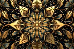 golden floral pattern on a black background generative AI photo