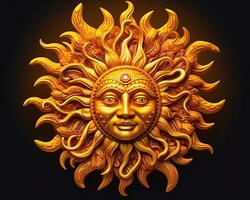 golden sun face on a black background generative AI photo