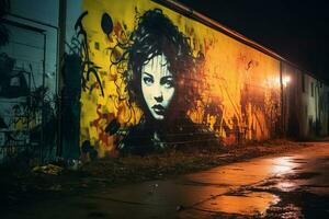 graffiti on the side of a building at night generative AI photo