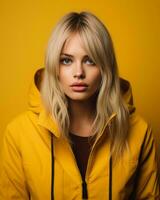 retrato de hermosa rubia mujer en amarillo chaqueta en amarillo antecedentes generativo ai foto