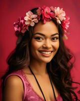 retrato de un hermosa joven mujer vistiendo un flor corona en un rojo antecedentes generativo ai foto