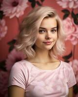 retrato de un hermosa joven mujer con rubia pelo y rosado t camisa en frente de rosado floral fondo de pantalla generativo ai foto