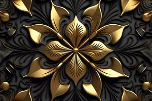 golden floral pattern on a black background generative AI photo