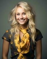 portrait of a beautiful young woman with long blond hair and a yellow scarf on grey background generative AI photo