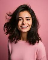 portrait of a beautiful young woman with long black hair on pink background generative AI photo