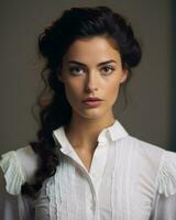 portrait of beautiful young woman in white shirt generative AI photo