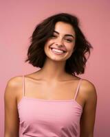 portrait of a beautiful young woman smiling on pink background stock photo generative AI