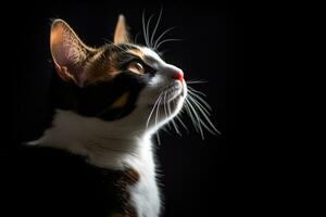 retrato de un calicó gato en un negro antecedentes generativo ai foto