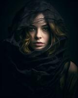 portrait of a beautiful young woman in a black veil on a dark background generative AI photo