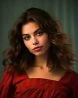 portrait of beautiful young woman in red dress generative AI photo