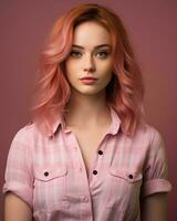 portrait of a beautiful young woman with pink hair on a pink background generative AI photo