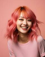 portrait of asian woman with pink hair smiling on pink background generative AI photo