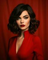 portrait of beautiful brunette woman in red dress on red background generative AI photo