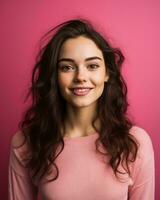 portrait of a beautiful young woman with curly hair against a pink background generative AI photo