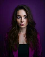 portrait of a beautiful young woman with long brown hair on a purple background generative AI photo