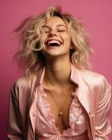 portrait of beautiful blonde woman laughing on pink background stock photo generative AI