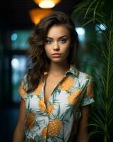 retrato de un hermosa joven mujer en un piña camisa generativo ai foto