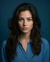 portrait of beautiful young woman on blue background generative AI photo