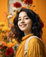 retrato de un hermosa joven mujer con un ramo de flores de flores en un naranja antecedentes generativo ai foto