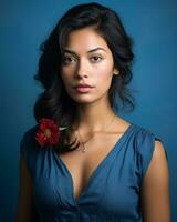 retrato de un hermosa joven mujer con un rojo flor en un azul antecedentes generativo ai foto