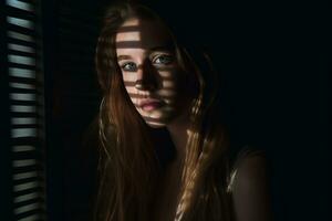portrait of a beautiful young woman with long hair in front of a window with blinds generative AI photo