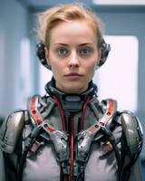 portrait of a young woman wearing a futuristic suit in an office stock photo generative AI