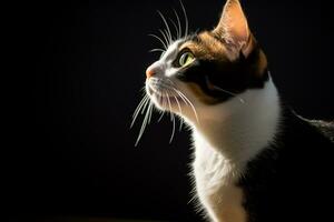 retrato de un calicó gato en un negro antecedentes generativo ai foto