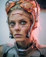 portrait of a young woman wearing a futuristic helmet generative AI photo