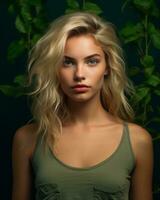 portrait of beautiful blonde woman with green plants on dark background generative AI photo