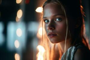 retrato de un hermosa joven mujer mirando a el cámara con luces en el antecedentes generativo ai foto