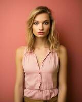 retrato de un hermosa rubia mujer posando en contra un rosado pared generativo ai foto