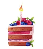 Piece of cake with candle on white background. Happy birthday. Sweet cake with cream, raspberries and blueberries. vector