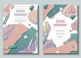 Flyer design set forwith pattern, thread, pattern, scissors. Needlework, hobby, sewing. Poster, banner for sewing shop, workshop, atelier. vector