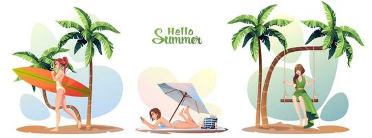 Set of summer illustrations with girls resting on the beach. Sunburn, relaxation, relaxation, active rest. A girl is swinging on a swing, a girl is sunbathing and a girl with a surfboard vector